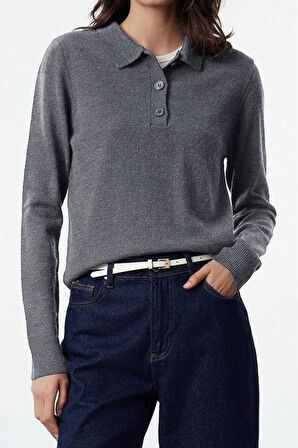 Kadın Moda Şık Polo Yaka Standart Kol Regular Yünlü Triko Kazak