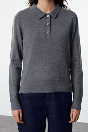 Kadın Moda Şık Polo Yaka Standart Kol Regular Yünlü Triko Kazak