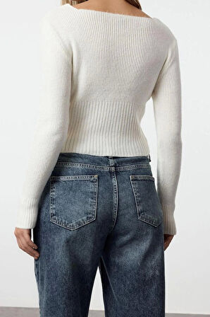 Kadın Moda Şık Crop Kare Yaka Regular Crop Kare Yaka Triko Hırka