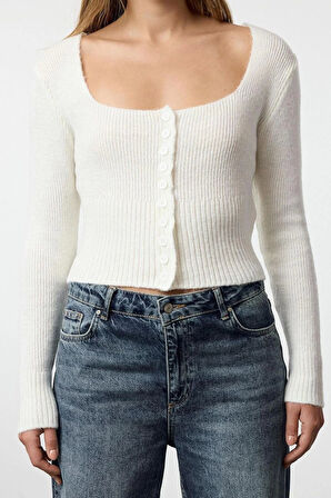 Kadın Moda Şık Crop Kare Yaka Regular Crop Kare Yaka Triko Hırka