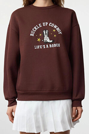 Kadın Relaxed Bisiklet Yaka Düşük Kol Kalın İçi Polarlı Western Baskılı Normal Kesim Örme Sweatshirt