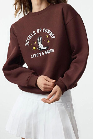 Kadın Relaxed Bisiklet Yaka Düşük Kol Kalın İçi Polarlı Western Baskılı Normal Kesim Örme Sweatshirt