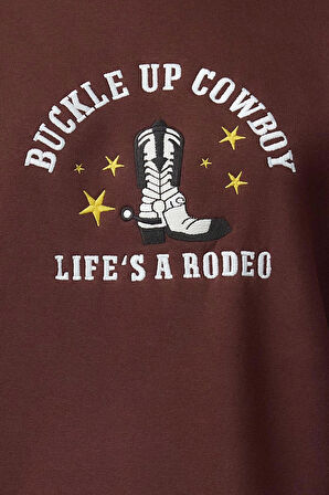 Kadın Relaxed Bisiklet Yaka Düşük Kol Kalın İçi Polarlı Western Baskılı Normal Kesim Örme Sweatshirt