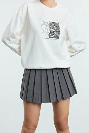 Kadın Regular Dik Yaka Düşük Kol Uzun Geniş Kalıp Varak Baskılı Kalın İçi Polarlı Örme Sweatshirt