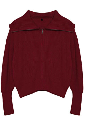 Kadın Moda Şık Regular Devrik Yaka Uzun Kol Düz Geniş Kalıp Devrik Yaka Fermuarlı Triko Hırka