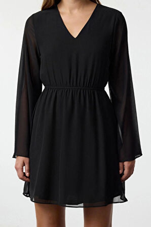 Kadın Moda Şık Mini Boy Kruvaze Regular Eteği Belden Açılan Astarlı Şifon Dokuma Elbise