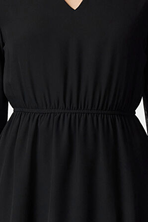 Kadın Moda Şık Mini Boy Kruvaze Regular Eteği Belden Açılan Astarlı Şifon Dokuma Elbise