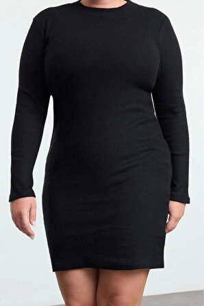 Kadın Büyük Beden Mini Boy Bisiklet Yaka Fitted Vücuda Oturan Fitili Kışlık Örme Büyük Beden Elbise
