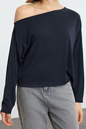 Kadın Moda Şık Regular Kayık Yaka Tek Kol Relaxed Kalıp Örme %100 Modal Kumaş Rahat Kesim Bluz