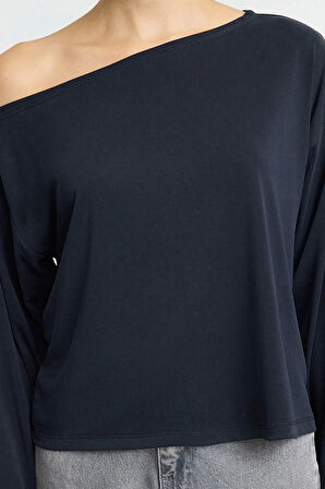 Kadın Moda Şık Regular Kayık Yaka Tek Kol Relaxed Kalıp Örme %100 Modal Kumaş Rahat Kesim Bluz