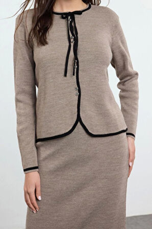 Kadın Moda Şık Regular Boy Uzun Kollu Biyeli Aksesuar Düğmeli Triko Hırka Etek Alt-Üst Takım