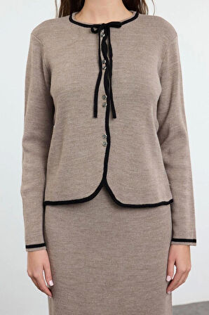 Kadın Moda Şık Regular Boy Uzun Kollu Biyeli Aksesuar Düğmeli Triko Hırka Etek Alt-Üst Takım