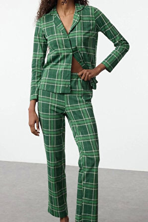 Kadın Moda Şık Gömlek Yaka Boru Paça Uzun Kol %100 Pamuklu Ekoseli Örme Pijama Takımı