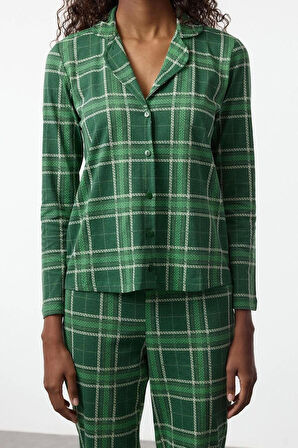 Kadın Moda Şık Gömlek Yaka Boru Paça Uzun Kol %100 Pamuklu Ekoseli Örme Pijama Takımı