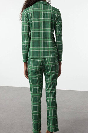 Kadın Moda Şık Gömlek Yaka Boru Paça Uzun Kol %100 Pamuklu Ekoseli Örme Pijama Takımı