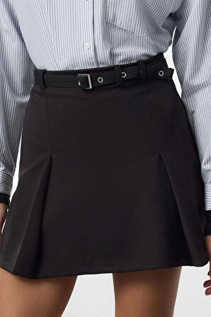 Kadın Moda Stil Mini Astarsız Örme Düşük Bel Kuşgözü ve Kemer Detaylı Mini Kalem Etek
