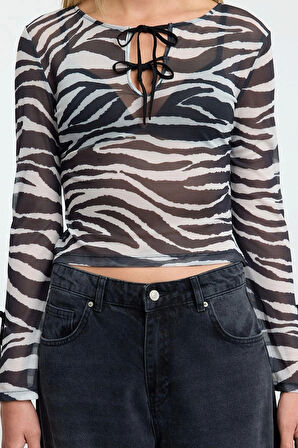 Kadın Regular  Slim Kalıp Örme Zebra Baskılı Fitted Vücuda Oturan Esnek Bluz