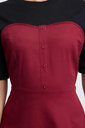 Kadın Moda Şık Midi Boy Bisiklet Yaka Regular Düz Dokuma Elbise