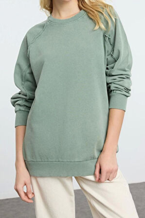 Kadın Moda Şık Regular Bisiklet Yaka Reglan Kol Regular Yıkamalı Normal Kalıp Örme Sweatshirt