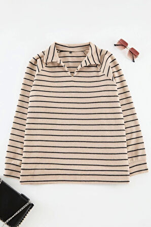 Kadın Büyük Beden Oversize Polo Yaka Düşük Kol Çizgili Geniş Kalıp Selanik Polo Yaka Örme Sweatshirt