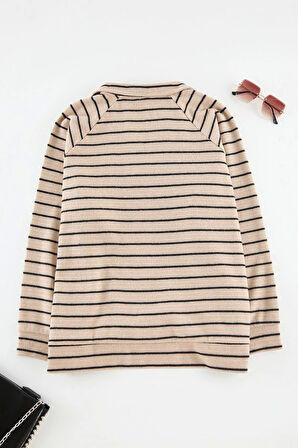 Kadın Büyük Beden Oversize Polo Yaka Düşük Kol Çizgili Geniş Kalıp Selanik Polo Yaka Örme Sweatshirt