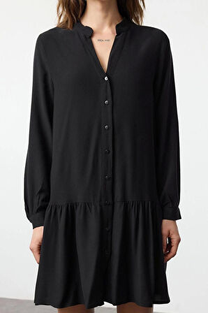 Kadın Moda Şık Mini Boy Hakim Yaka Regular Kalın Viskon Dokuma Gömlek Elbise