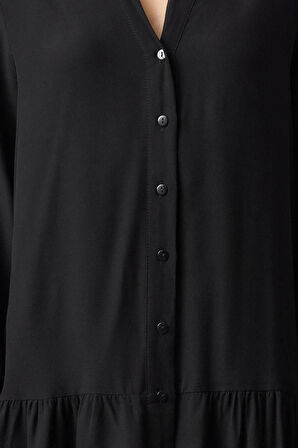 Kadın Moda Şık Mini Boy Hakim Yaka Regular Kalın Viskon Dokuma Gömlek Elbise