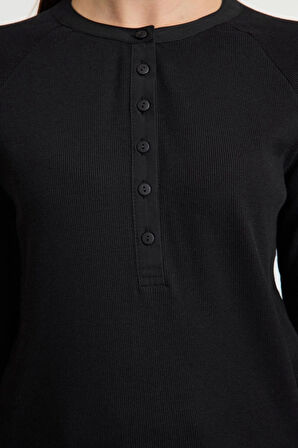 Kadın Şık Regular Düğmeli Yaka Regular Kalıp Örme Düğmeli Normal Kesim Fitilli Esnek Normal Boy Bluz