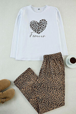 Kadın Moda Şık Büyük Beden Bisiklet Yaka Boru Paça Uzun Kol Leopar Desenli Örme Pijama Takımı