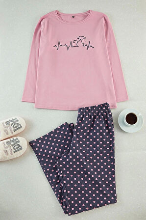 Kadın Moda Büyük Beden Bisiklet Yaka Dar Paça Uzun Kol Puantiye ve Kedi Desenli Örme Pijama Takımı