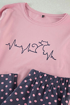 Kadın Moda Büyük Beden Bisiklet Yaka Dar Paça Uzun Kol Puantiye ve Kedi Desenli Örme Pijama Takımı