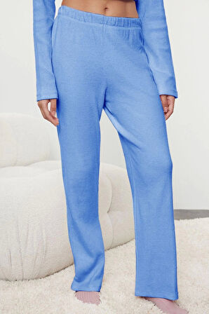 Kadın Moda Şık Gömlek Yaka Boru Paça Uzun Kol Fırçalı Soft Fitilli Hırka Örme Pijama Takımı