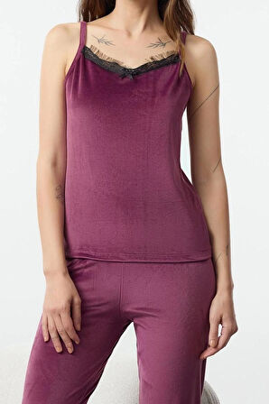 Kadın Moda Şık V Yaka Boru Paça Askılı Kol 3lü Kuşaklı Dantel Detaylı Kadife Örme Pijama Takımı