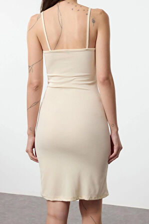 Kadın Moda Şık Mini Boy Kare Yaka Slim Astarlık 2li Paket Askılı Vücuda Oturan Örme Elbise