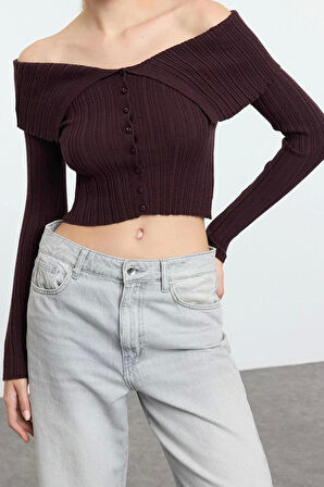 Kadın Moda Şık Carmen Yaka Standart Kol Crop Özel İplik Triko Hırka