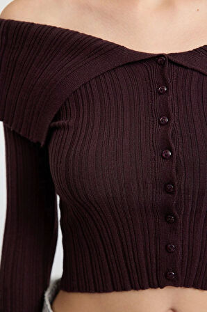 Kadın Moda Şık Carmen Yaka Standart Kol Crop Özel İplik Triko Hırka