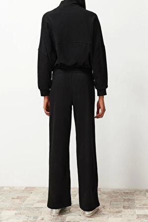 Kadın Moda Şık Boru Paça Uzun Boy Nervürlü Fermuarlı Dik Yaka Örme Sweatshirt Pantolon Alt-Üst Takım