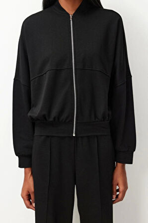 Kadın Moda Şık Boru Paça Uzun Boy Nervürlü Fermuarlı Dik Yaka Örme Sweatshirt Pantolon Alt-Üst Takım