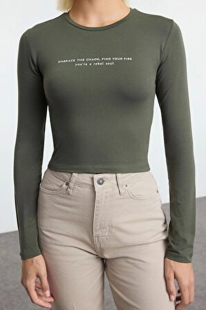 Kadın Moda Şık Üst Giyim Crop Bisiklet Yaka Slim Kalıp Örme Slogan Baskılı Vücuda Oturan Esnek Bluz