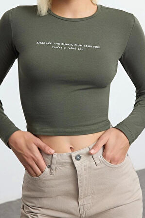 Kadın Moda Şık Üst Giyim Crop Bisiklet Yaka Slim Kalıp Örme Slogan Baskılı Vücuda Oturan Esnek Bluz