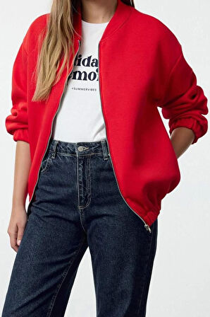 Kadın Oversize Bisiklet Yaka Düşük Kol Uzun Fermuarlı Geniş Kalıp Kalın İçi Polarlı Örme Sweatshirt