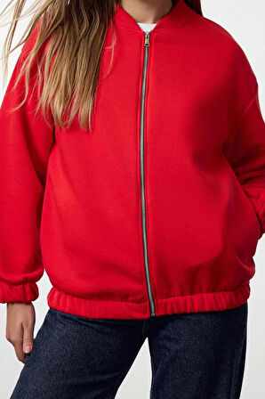 Kadın Oversize Bisiklet Yaka Düşük Kol Uzun Fermuarlı Geniş Kalıp Kalın İçi Polarlı Örme Sweatshirt