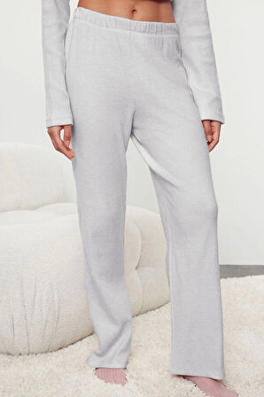 Kadın Moda Şık Gömlek Yaka Boru Paça Uzun Kol Fırçalı Soft Fitilli Hırka Örme Pijama Takımı