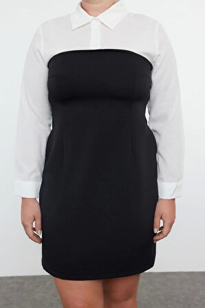 Kadın Büyük Beden Mini Boy Fitted Siyah Bodycone Straplez Dokuma Büyük Beden Çizgili Gömlek Elbise