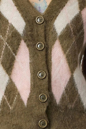 Kadın Moda Şık V Yaka Standart Kol Regular Yumuşak Dokulu Ekose Desenli Triko Hırka