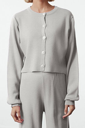 Kadın Moda Şık Regular Crop Boy Uzun Kollu Crop Hırka-Pantalon Triko Alt-Üst Takım