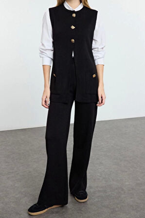 Kadın Moda Şık Regular Uzun Boy Uzun Kollu Düğme Detaylı Yelek-Pantolon Triko Alt-Üst Takım