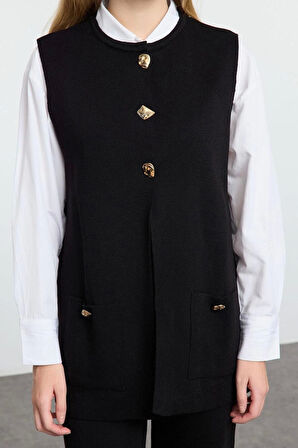 Kadın Moda Şık Regular Uzun Boy Uzun Kollu Düğme Detaylı Yelek-Pantolon Triko Alt-Üst Takım