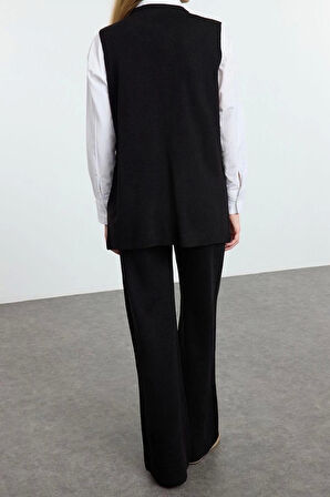 Kadın Moda Şık Regular Uzun Boy Uzun Kollu Düğme Detaylı Yelek-Pantolon Triko Alt-Üst Takım