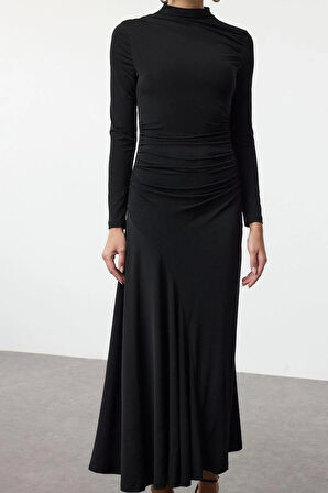 Kadın Moda Şık Maxi Boy Dik Yaka Slim Fitted Vücuda Oturan Uzun Kollu Esnek Örme Elbise